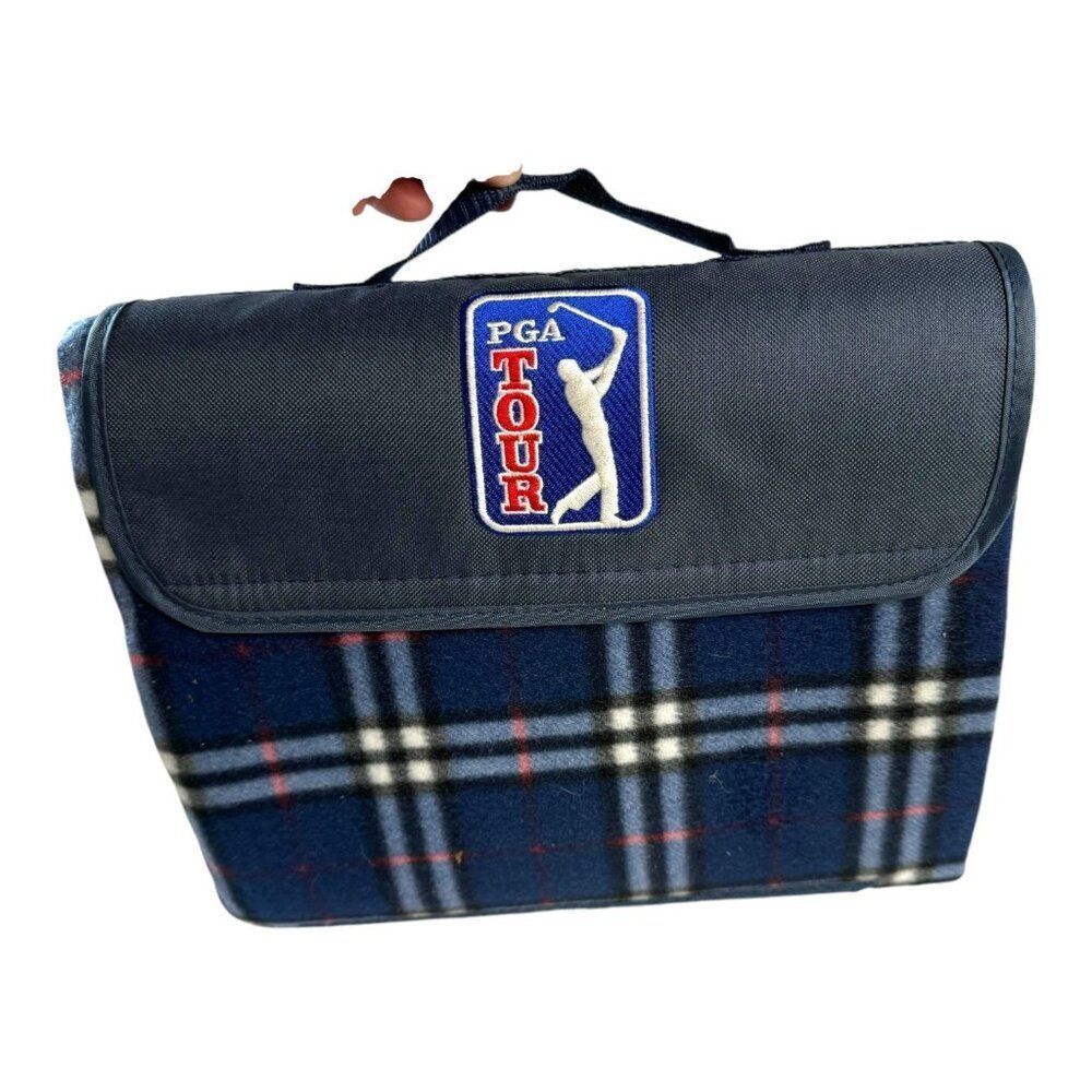 PGA Tour Plaid Picnic Blanket With Carry Handle Waterproof Backing Blue Stadium
